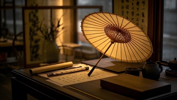 文房书案与中式油纸伞文化图