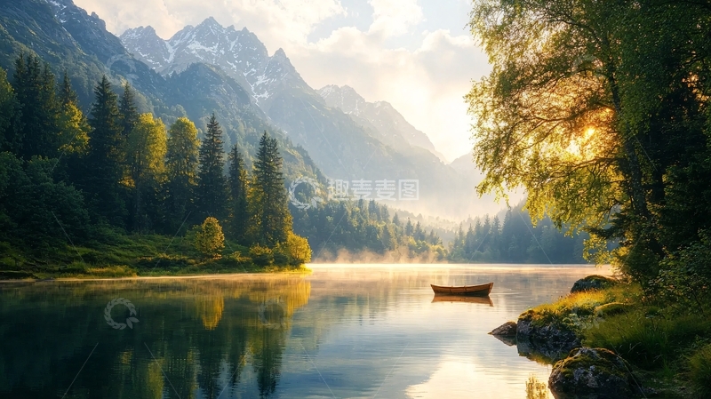 高清大图下载【趣麦麦图】平静湖面映衬着森林山脉