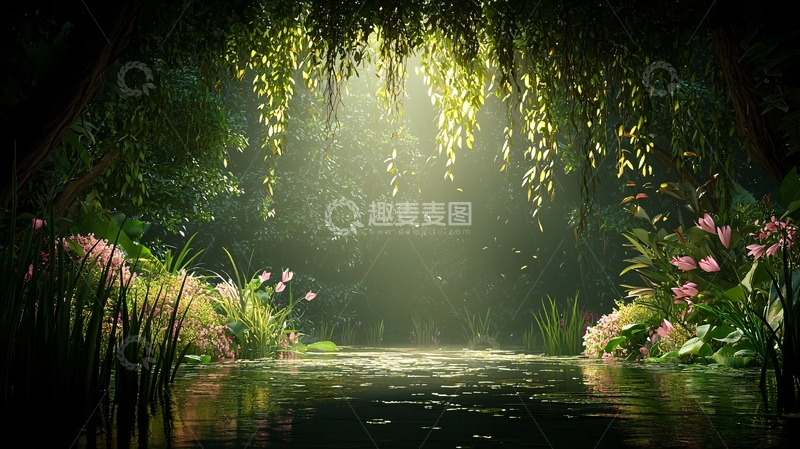 高清大图下载【趣麦麦图】森林小溪阳光穿透树叶