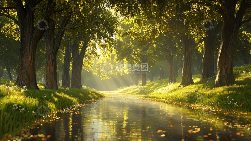 高清大图下载【趣麦麦图】阳光穿过树林的河流