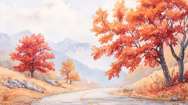 高清大图下载【趣麦麦图】秋日山间道路水彩画