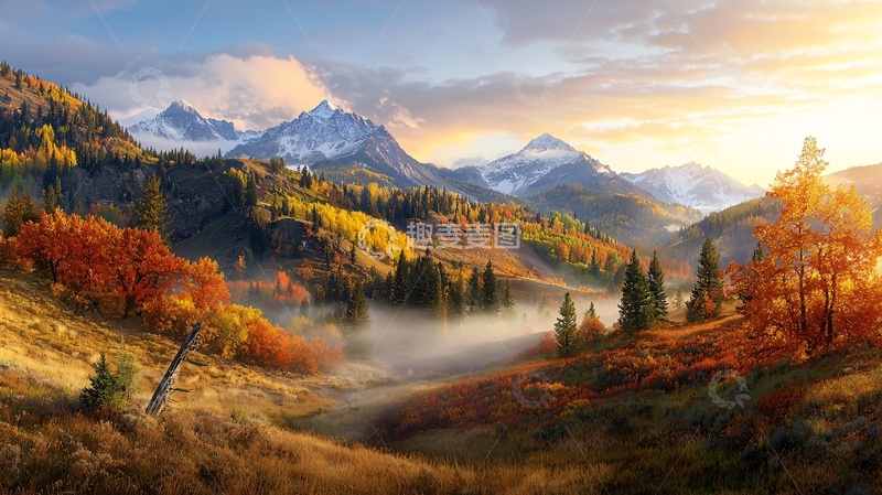 高清大图下载【趣麦麦图】秋日金色山脉雪峰