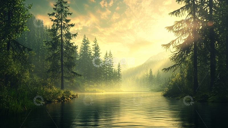 高清大图下载【趣麦麦图】湖边森林阳光薄雾风景