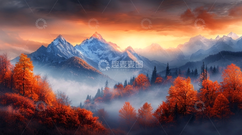 高清大图下载【趣麦麦图】夕阳下壮丽雪山秋景