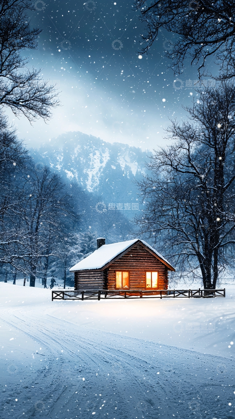 高清大图下载【趣麦麦图】雪夜小屋高清图片