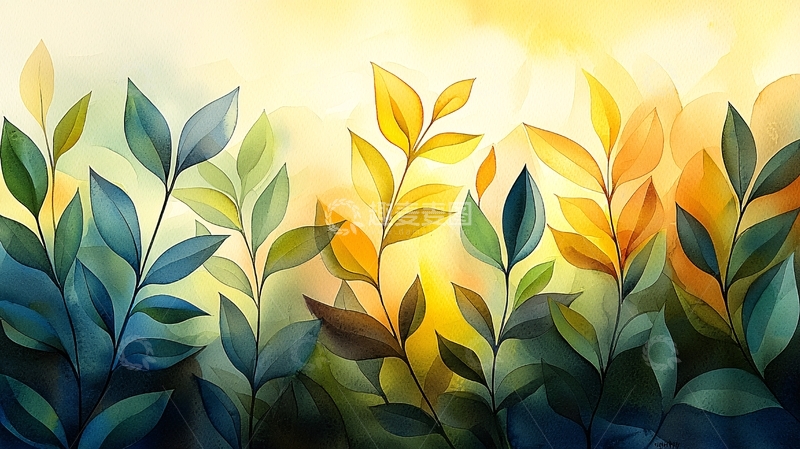 高清大图下载【趣麦麦图】绿叶植物水彩画
