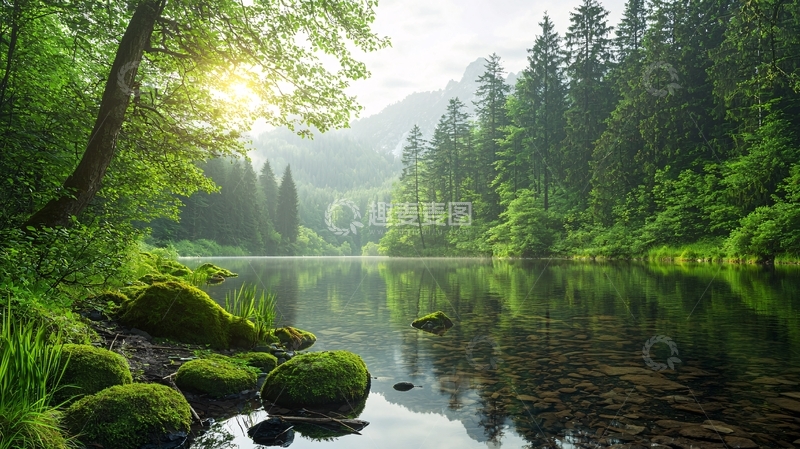 高清大图下载【趣麦麦图】宁静湖畔的森林景观