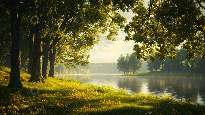 高清大图下载【趣麦麦图】绿树掩映的湖边景色