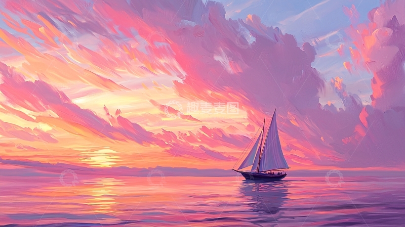 高清大图下载【趣麦麦图】粉色天空帆船水面