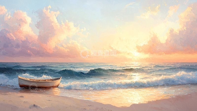 高清大图下载【趣麦麦图】海边日落小船停靠