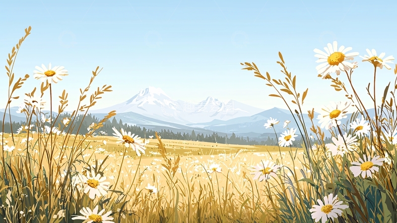 高清大图下载【趣麦麦图】田野小雏菊远山风景