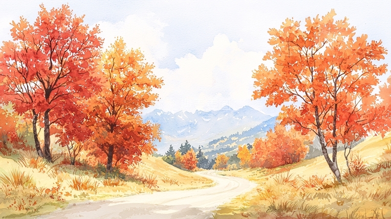 高清大图下载【趣麦麦图】秋日橙色树木和山脉景色