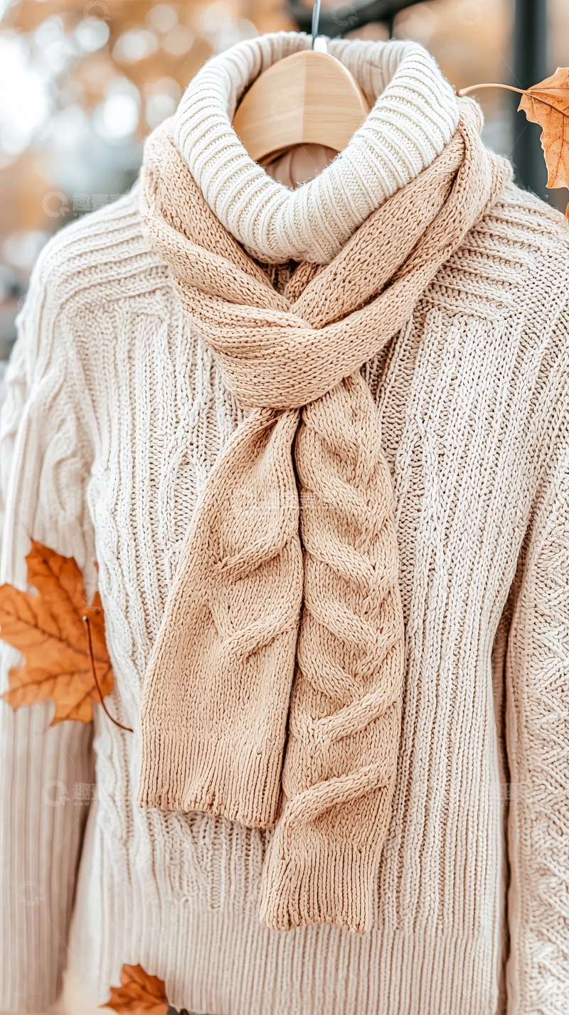 高清大图下载【趣麦麦图】米色毛衣围巾特写