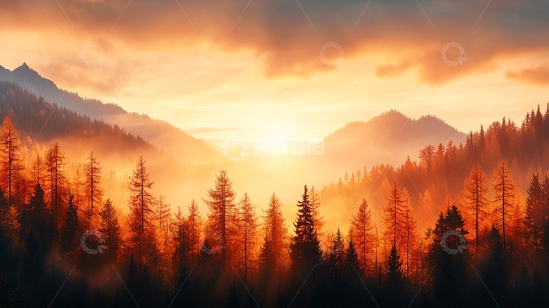 高清大图下载【趣麦麦图】金色阳光下的森林山脉