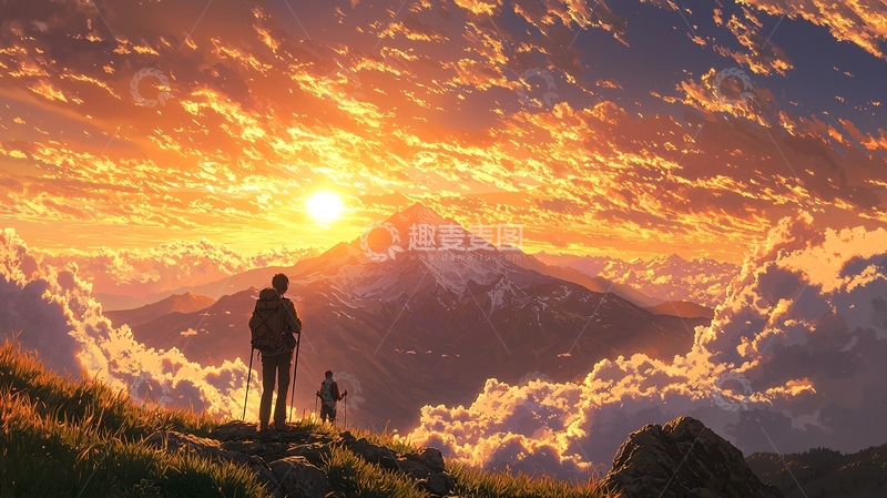 高清大图下载【趣麦麦图】山顶日出下的旅人剪影