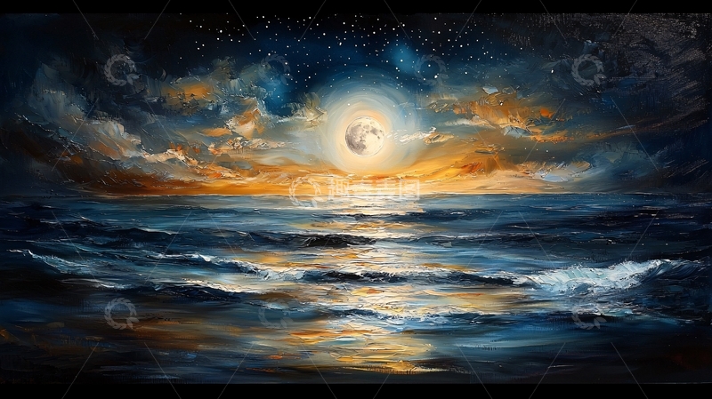 高清大图下载【趣麦麦图】海上夜空月亮云彩倒影