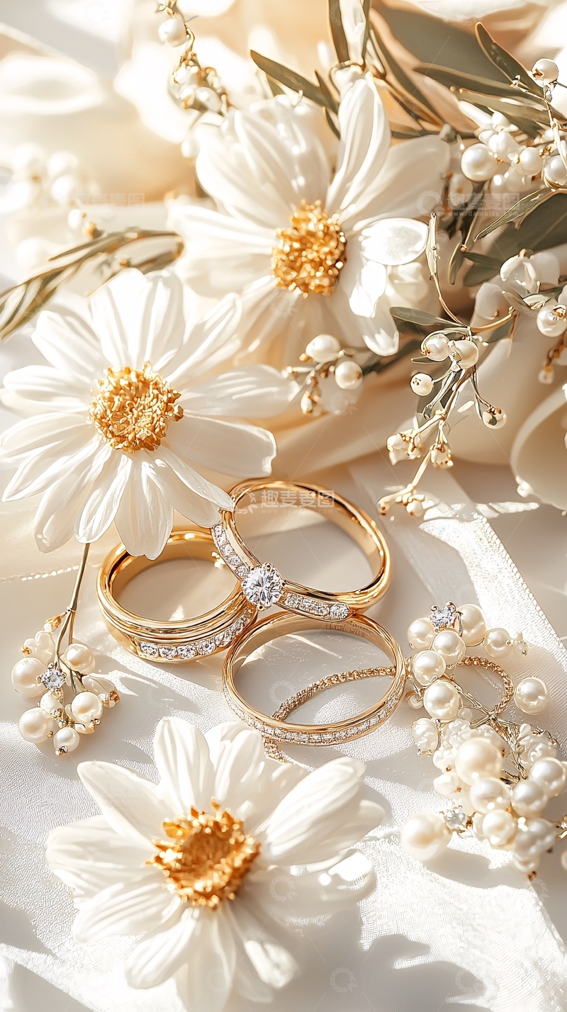 高清大图下载【趣麦麦图】白色花朵与金色戒指