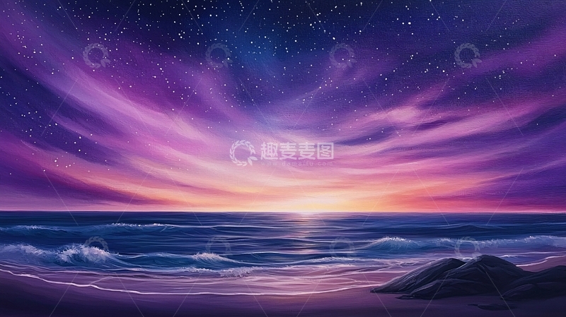 高清大图下载【趣麦麦图】星空下的海面晚霞