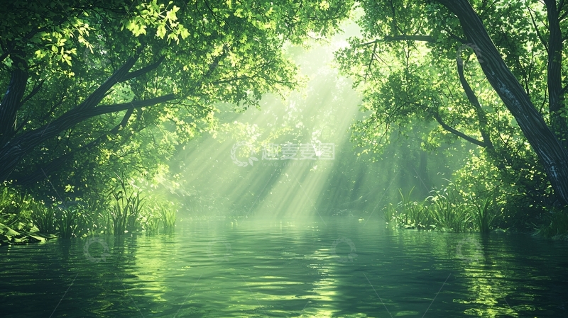 高清大图下载【趣麦麦图】树林阳光穿透水面