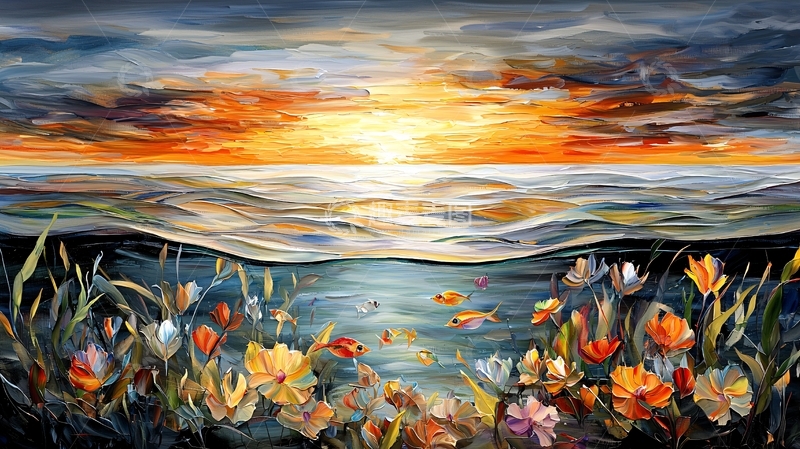 高清大图下载【趣麦麦图】海面日落花海