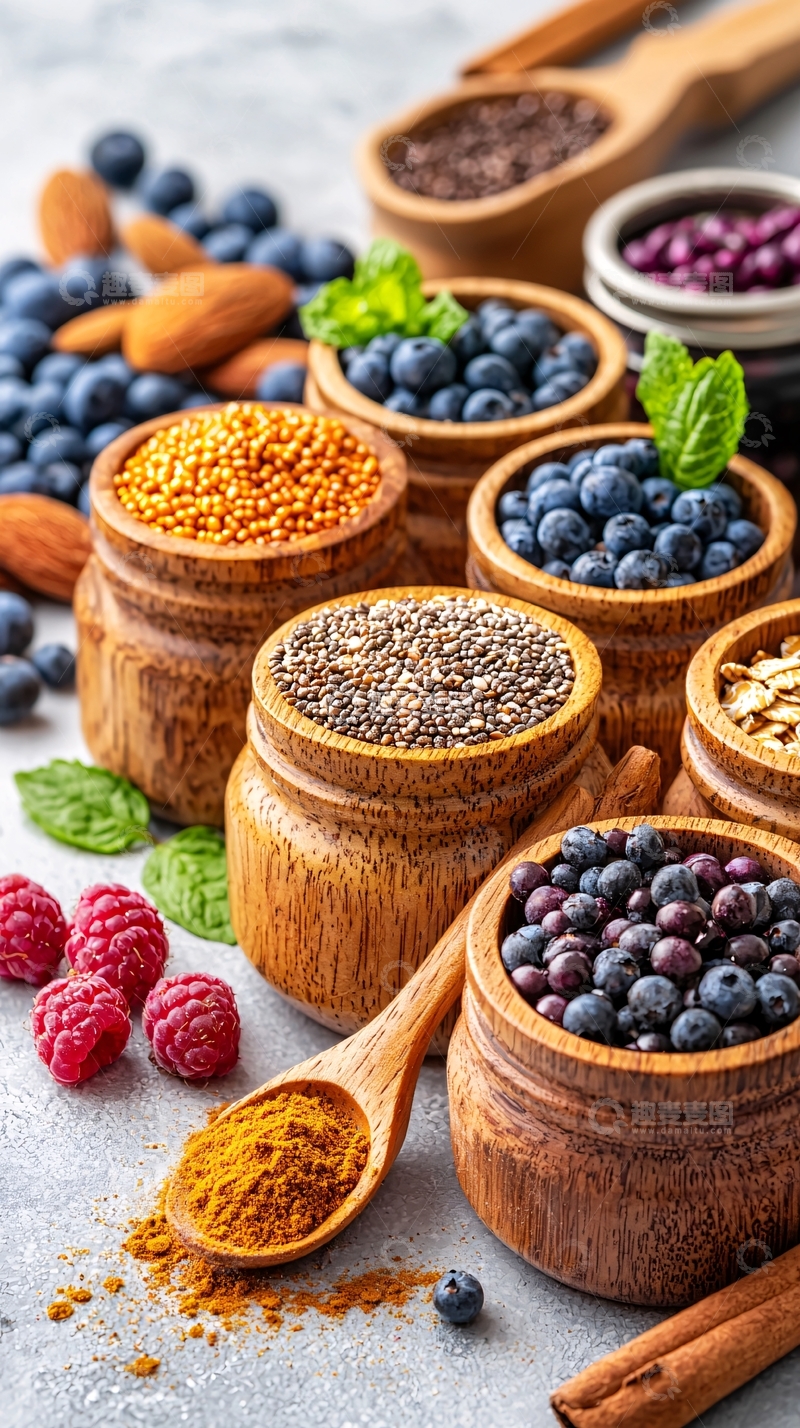 高清大图下载【趣麦麦图】健康食材木质容器摆拍