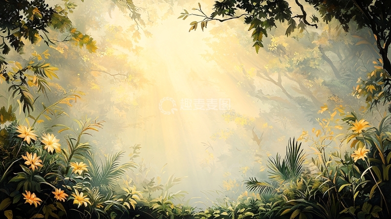 高清大图下载【趣麦麦图】阳光穿透森林的油画