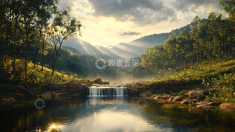 高清大图下载【趣麦麦图】山间溪流阳光洒下