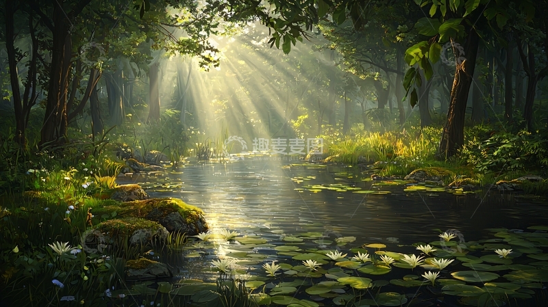 高清大图下载【趣麦麦图】阳光穿透森林的梦幻景象