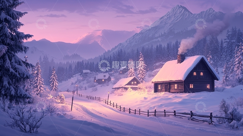高清大图下载【趣麦麦图】雪山下的冬季小屋