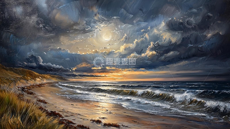 高清大图下载【趣麦麦图】风暴云海边日落美景