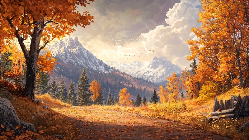 高清大图下载【趣麦麦图】秋季山景油画风格