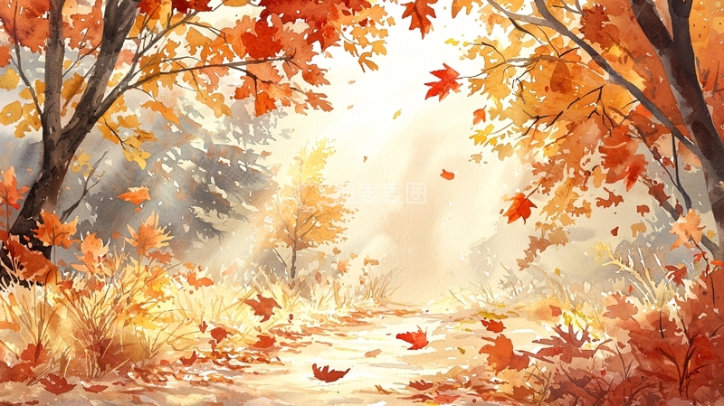 高清大图下载【趣麦麦图】秋天落叶唯美水彩画
