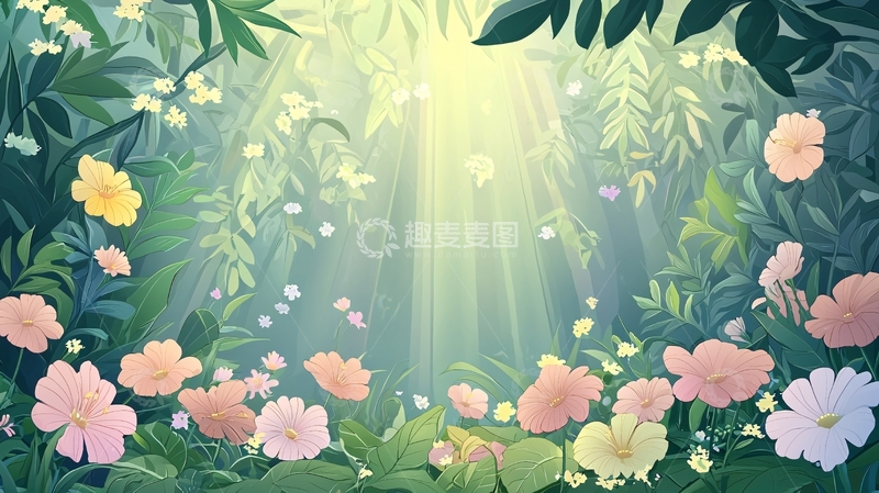 高清大图下载【趣麦麦图】童话森林阳光花朵背景图