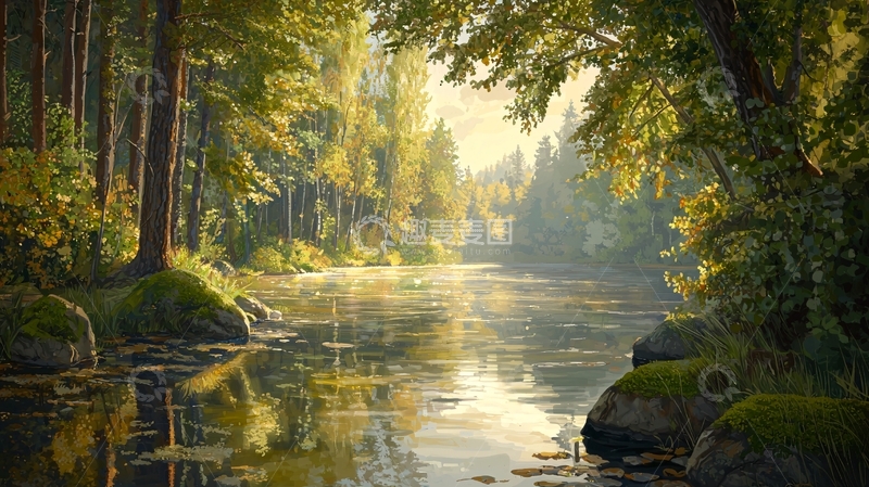 高清大图下载【趣麦麦图】阳光穿过树林的水面