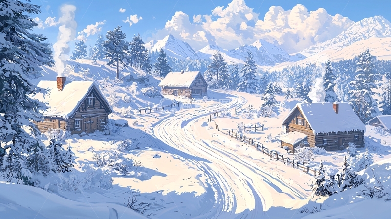 高清大图下载【趣麦麦图】雪地小屋风景如画