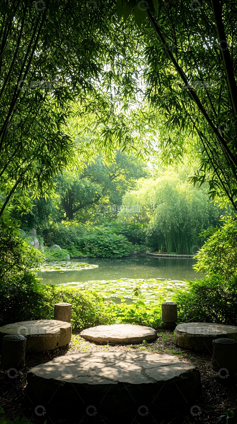 高清大图下载【趣麦麦图】翠竹掩映下的静谧池塘