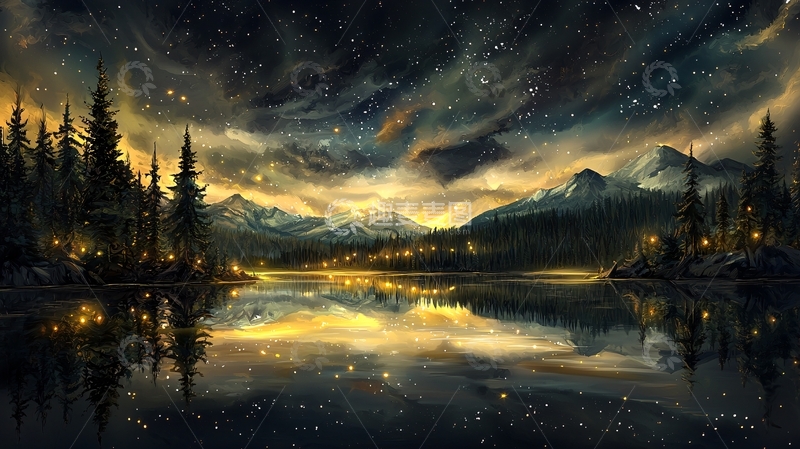 高清大图下载【趣麦麦图】宁静夜空下的湖边小镇