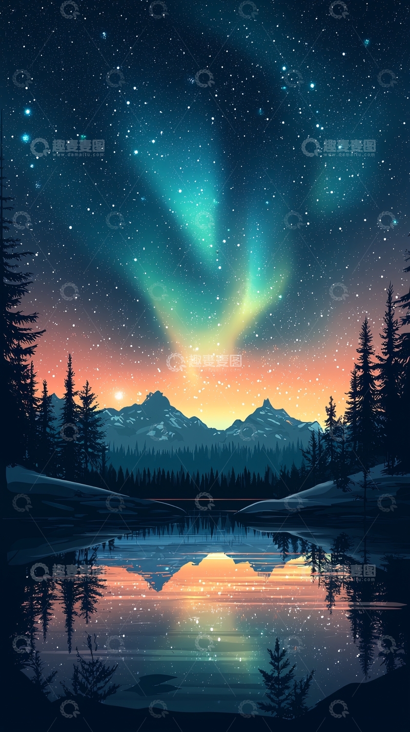 高清大图下载【趣麦麦图】绚丽的星空极光倒影