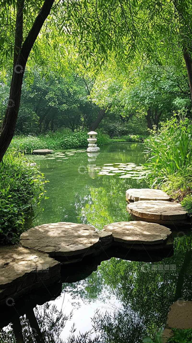 高清大图下载【趣麦麦图】静谧的日式庭院池塘美景