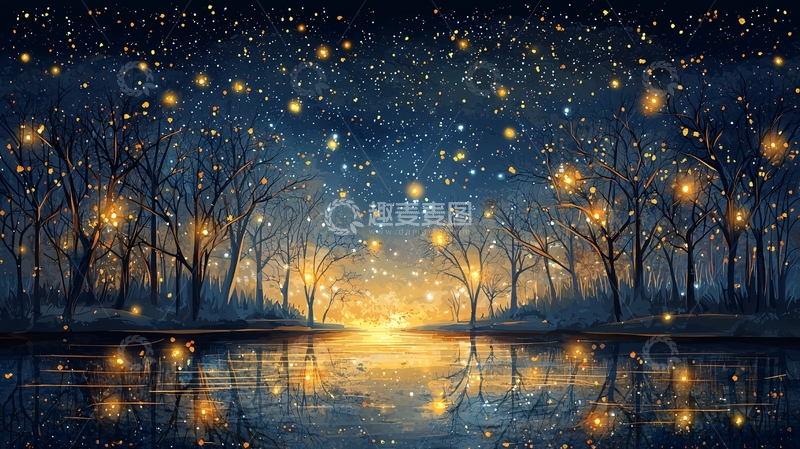 高清大图下载【趣麦麦图】星空下的湖边森林
