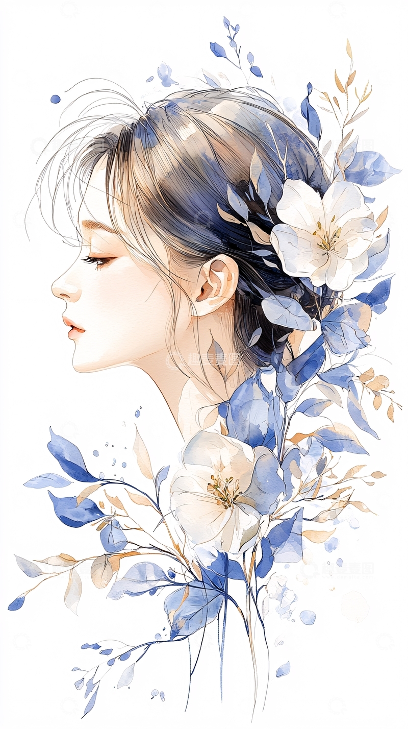 高清大图下载【趣麦麦图】水彩风美人与花卉