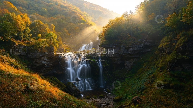 高清大图下载【趣麦麦图】壮丽瀑布阳光穿透森林