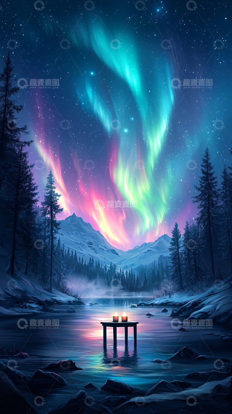 高清大图下载【趣麦麦图】绚丽极光下的宁静湖面