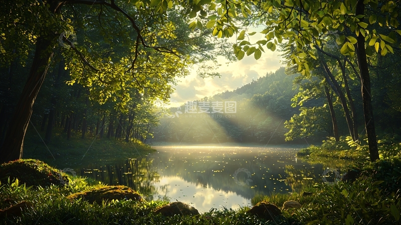 高清大图下载【趣麦麦图】阳光穿过森林照在湖面