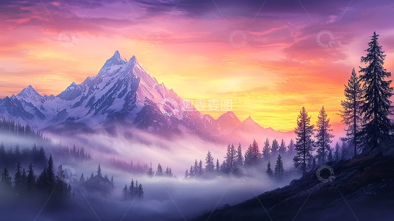 高清大图下载【趣麦麦图】紫色天空下的山峰森林