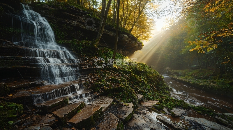 高清大图下载【趣麦麦图】阳光穿透森林瀑布
