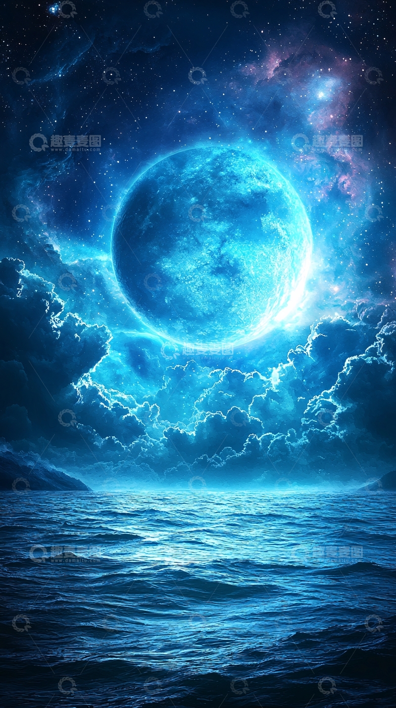 高清大图下载【趣麦麦图】蓝色星空下的月亮海面