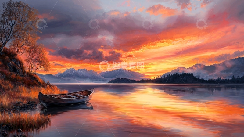 高清大图下载【趣麦麦图】湖面日落倒影