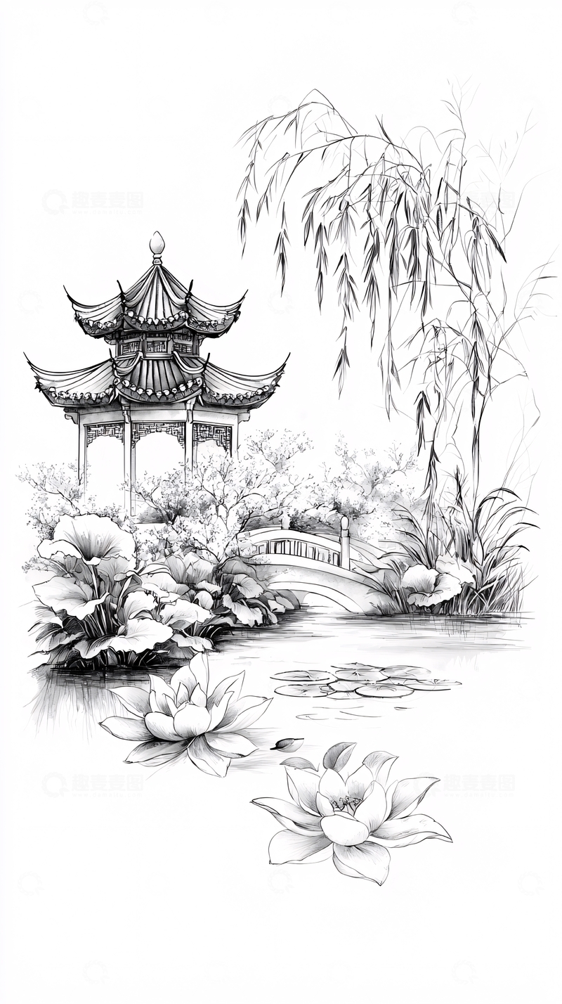 高清大图下载【趣麦麦图】中国风亭台水榭素描