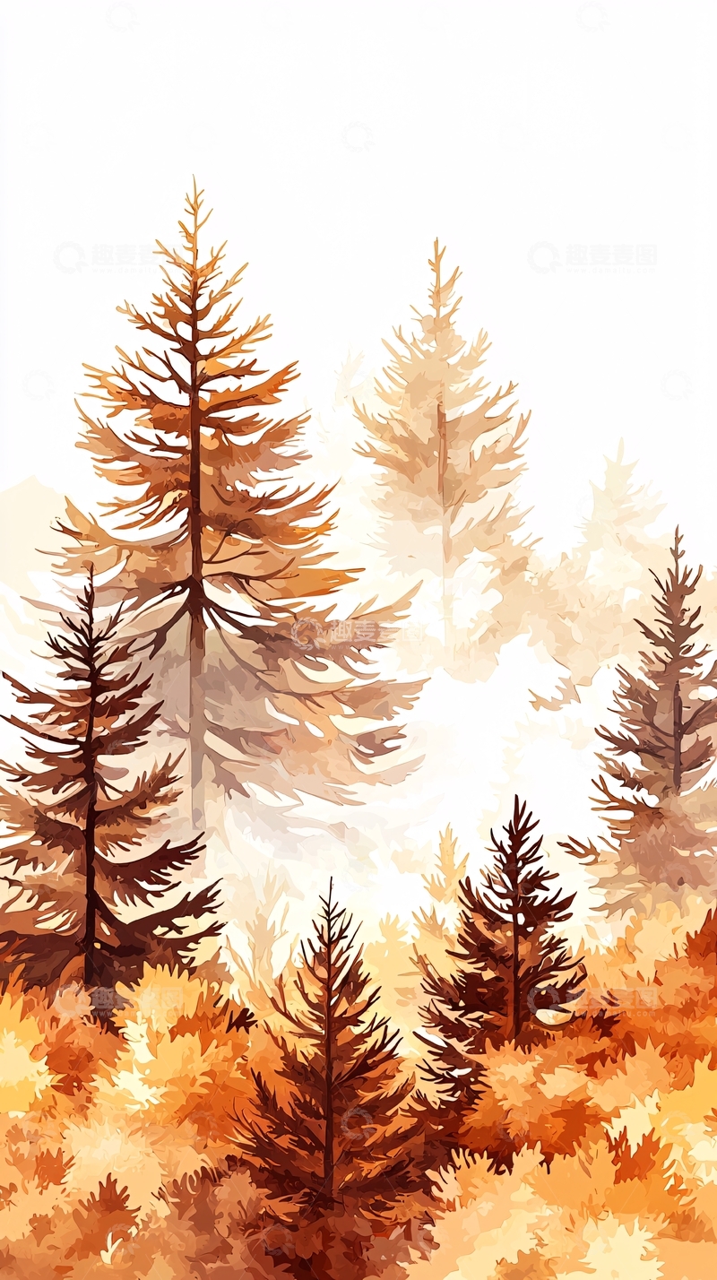高清大图下载【趣麦麦图】秋日暖色调森林水彩画